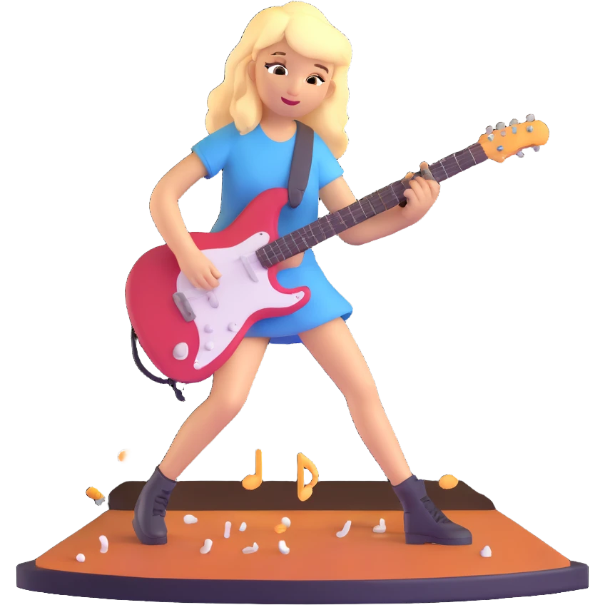 a talented blonde girl playing guitar on a stage, music notes floating around her, spotlights shining emoji