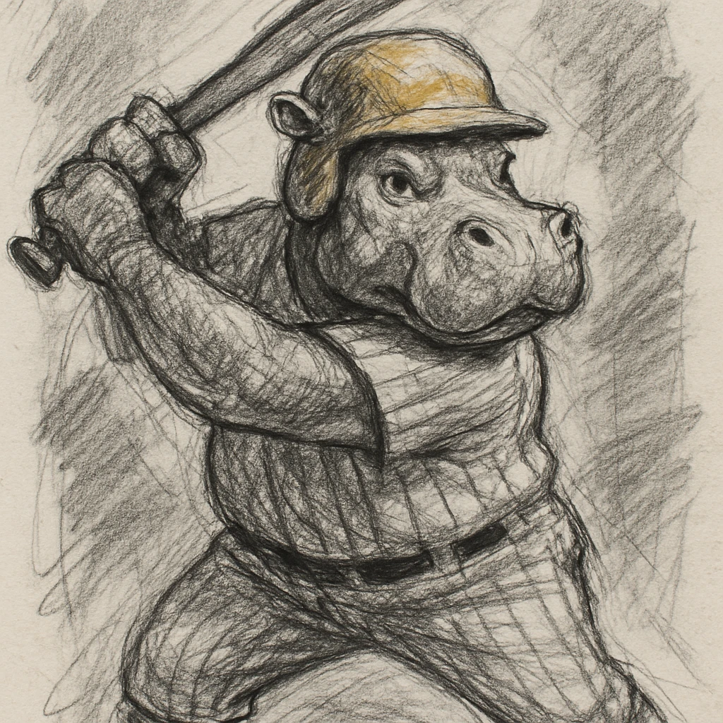hippo holding a baseball bat, wearing a yellow helmet, pinstripes outfit emoji