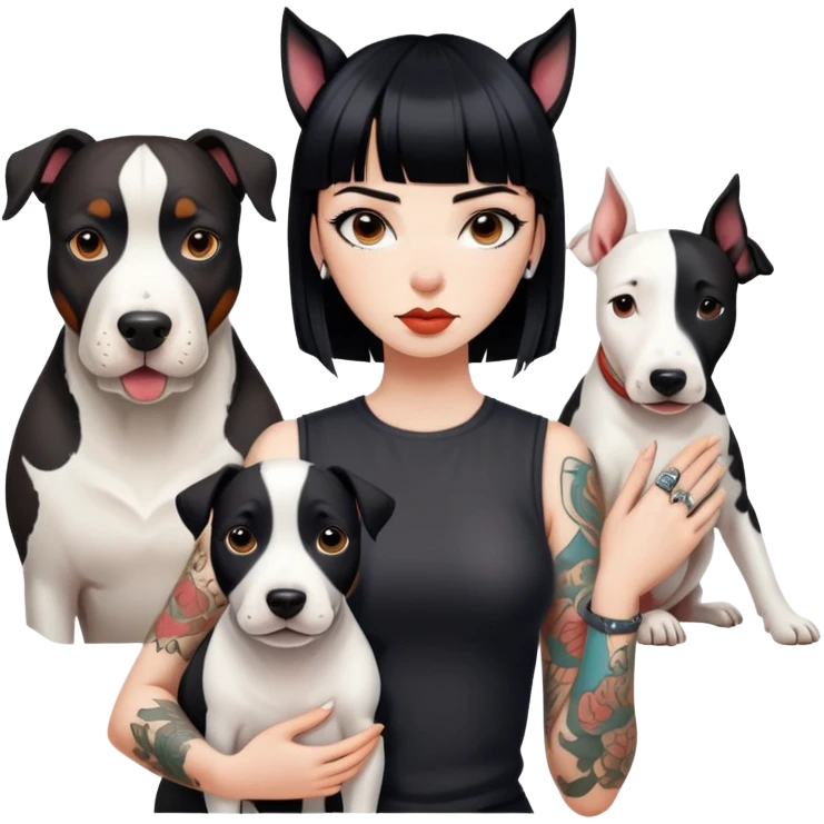 girl with long black  straight bangs hair with tattoo and a Springer dog  and  bull a terrifying dog emoji