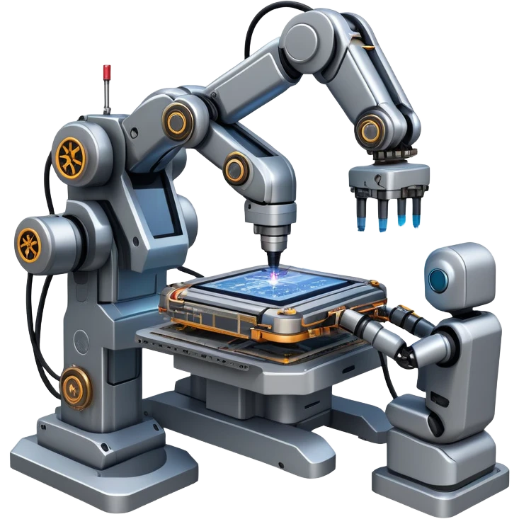 An icon featuring a giant robotic machine welding a large microchip with a laser, using two robotic arms. The design includes circuit boards, gears, and technical schematics, symbolizing advanced engineering and automation. Transparent background highlights the fusion of technology emoji