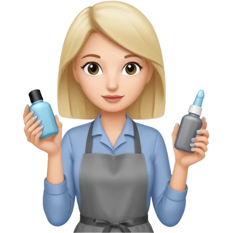 female nail master with small gel polish in hand in grey apron  emoji