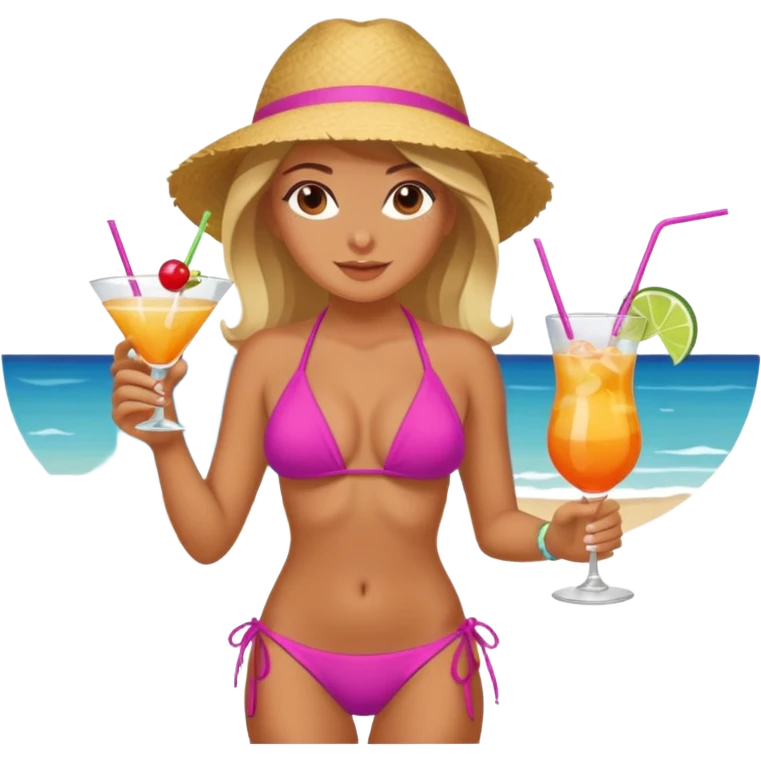 a girl enjoying herself  in beach wearing a sexy bikini with drink on her hand emoji