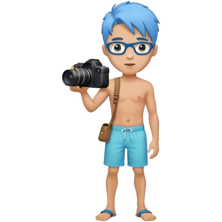 blue hair full body handsome man with camera and beach outfit  standing emoji