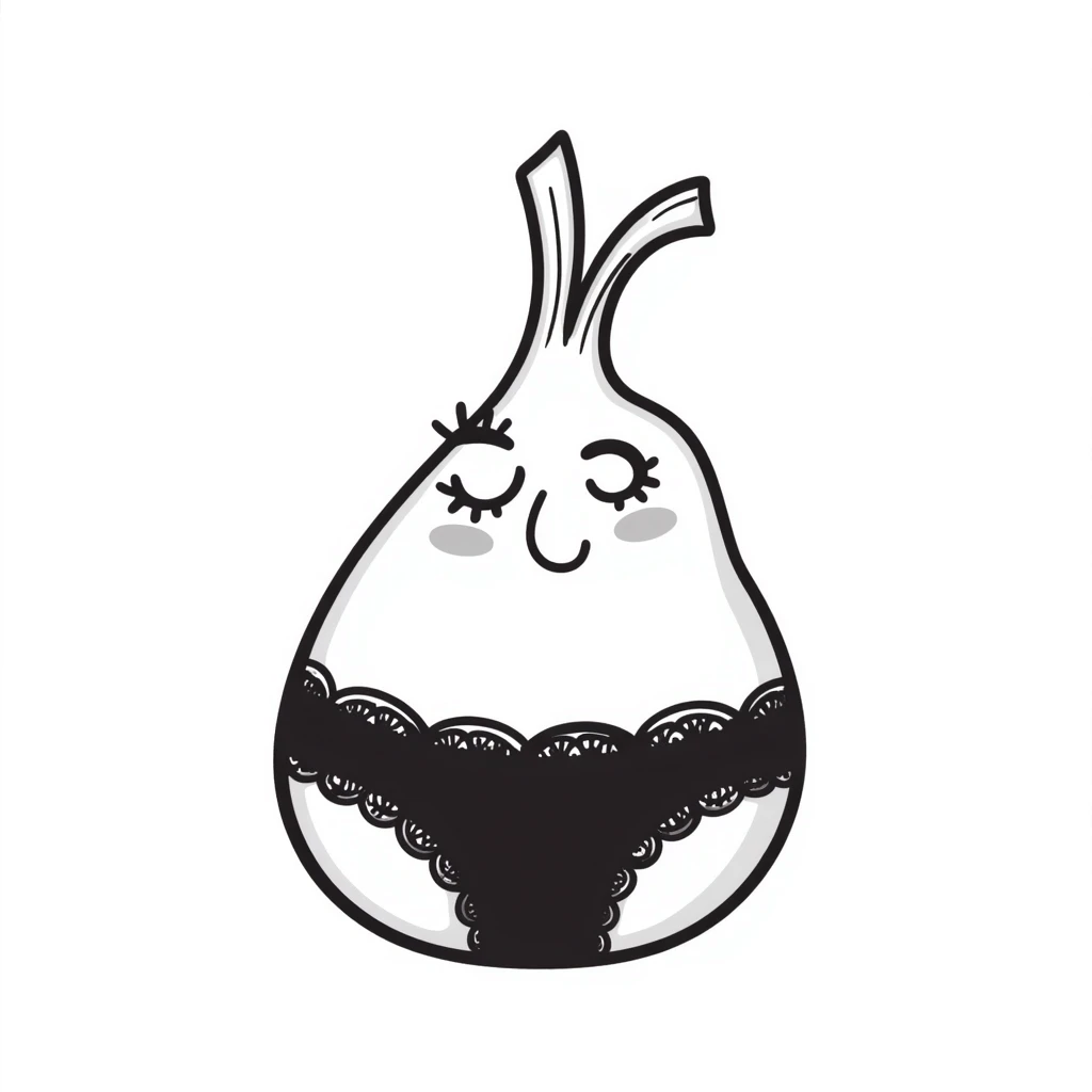 doodle style drawing of a garlic bulb with feminine features and lacy panties, hand-drawn look emoji