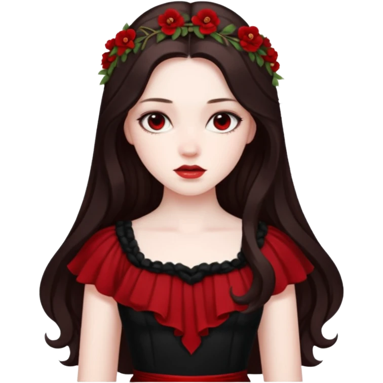 Persephone, Death Goddess from Rome Mythology with long dark brown hair, black and red outfit emoji