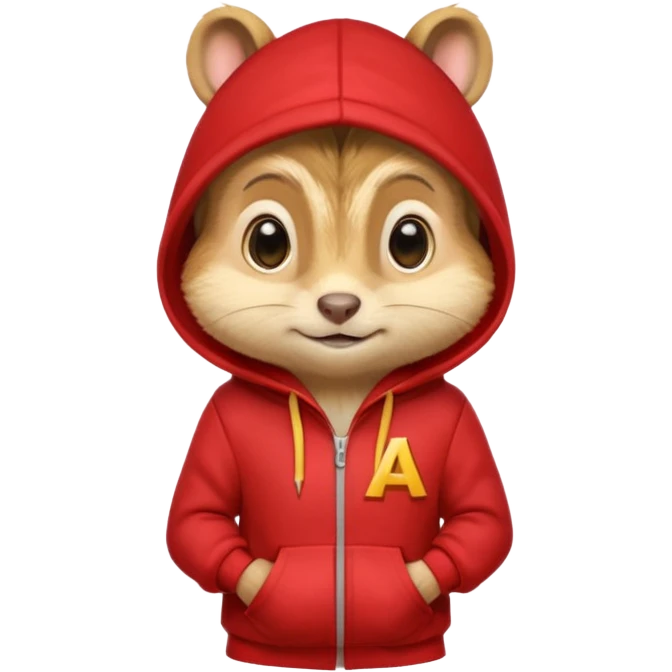 Portrait of a cartoon chipmunk with light brown and beige fur, wearing a red hoodie with a yellow 'A' on it, big round eyes, small nose, and a mischievous grin, front-facing, stylized in animated movie style emoji