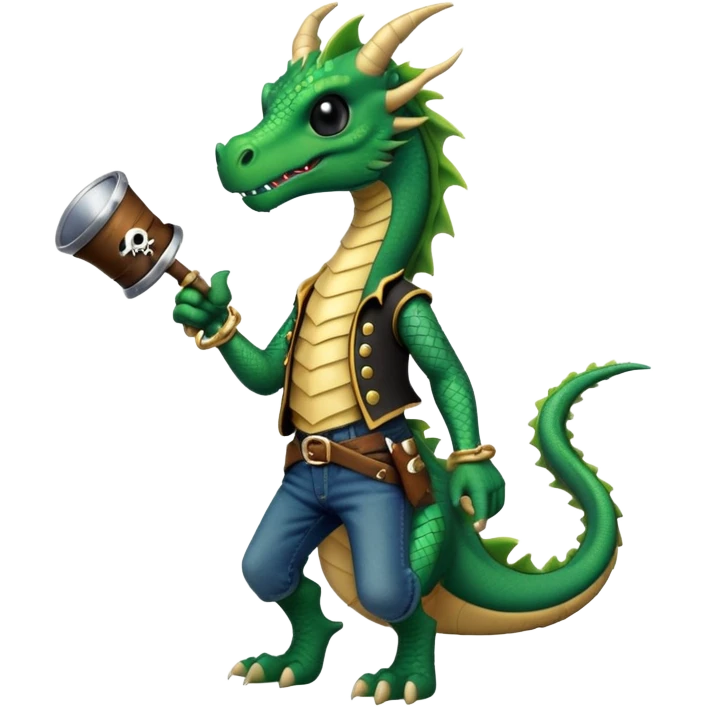 anthropomorphised dragon in a band t-shirt and jeans with a pirate eye-patch walking upright, relaxed pose emoji