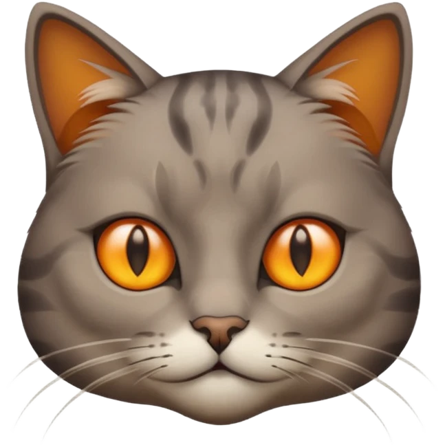 A Cat her race is persante he hair is grew and brown with they eyes orange and Yellow and emoji