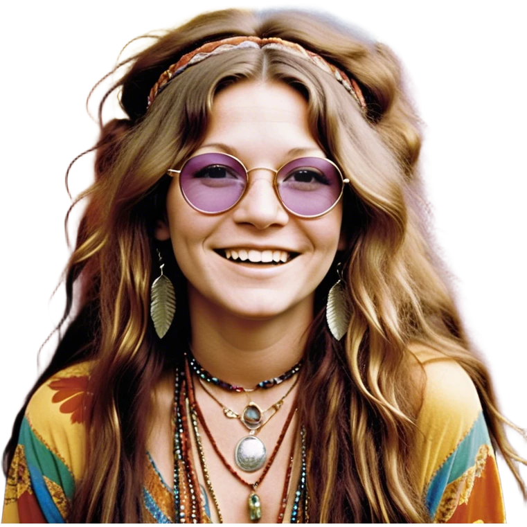 a portrait of janis joplin, focusing on her upper half. she has long, wavy hair with a free-spirited, messy style, round glasses, and a warm, infectious smile. she’s wearing layered bohemian jewelry, colorful clothing, and a feather in her hair, exuding her iconic 60s rock-and-roll vibe. the background is vibrant and slightly psychedelic emoji