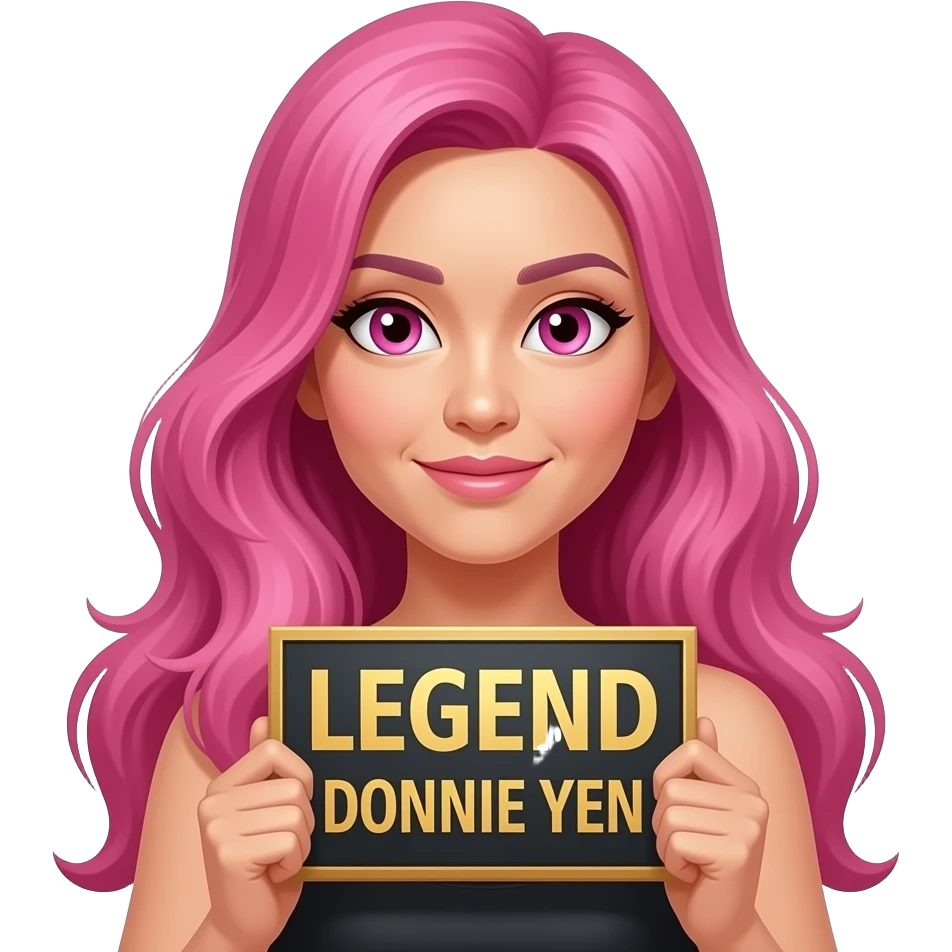 sexy girl with long pink hair and pink eyes holding LEGEND DONNIE YEN sign emoji