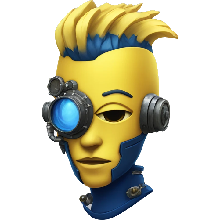 Yellow cyborg head with dark blue steampunk goggles and dark blue Mohawk  emoji