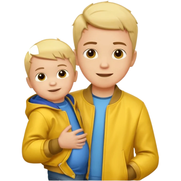 boy with baby hair cut shrugging his shoulder, wearing yellow jacket and smile emoji