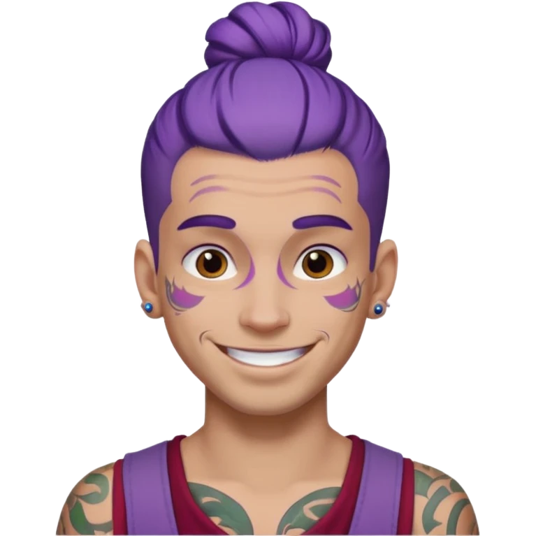 purple hair bun and lots of face tattoo guy emoji