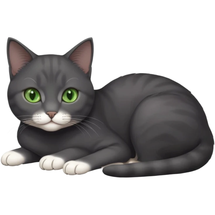 beautiful female solid dark grey cat with green eyes, white toes/paws and white patch on her chest lying down emoji