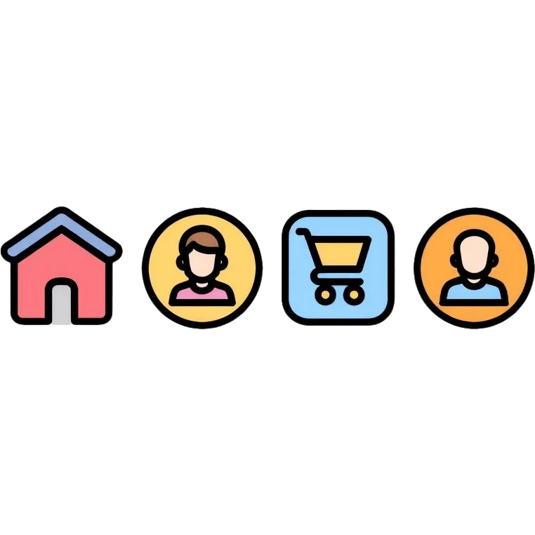 website navigation icons with home, mail, shopping cart, user profile, and settings emoji