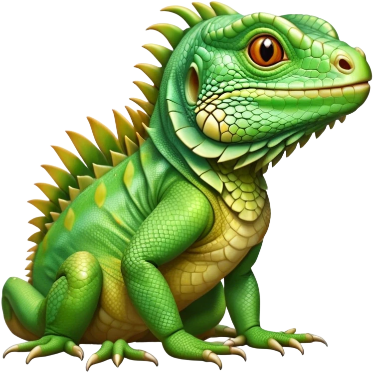 Cinematic Realistic Cute Iguana Portrait Emoji, Head tilted playfully and inquisitively, featuring a compact, agile build with a glossy, intricately scaled body in vivid green hues and a characteristically expressive face with bright, curious amber eyes, rendered in lifelike detail with natural highlights, high shine, affectionate and lively, styled with a touch of tropical whimsy, soft glowing outline, capturing the essence of a mischievous yet lovable iguana that seems poised to scurry out of the screen into your arms! emoji