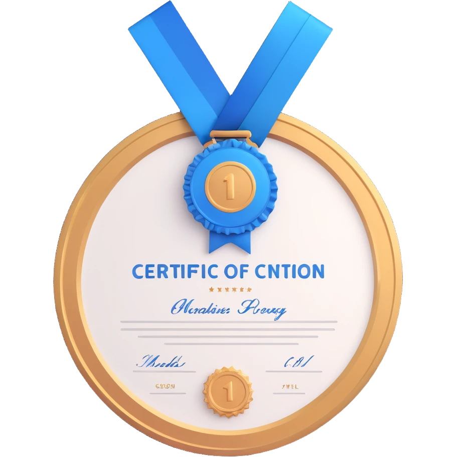 certificate of completion with a blue medal sticker, minimal modern, iPhone style 3D emoji emoji