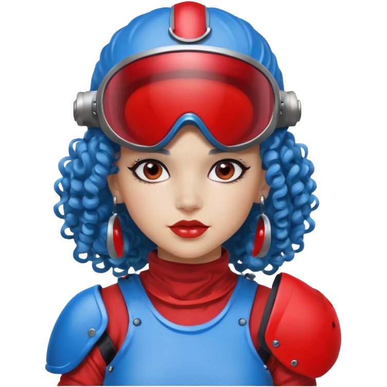 blue curly girl with huge earrings wearing red paintball helmet with eye protection, only face  emoji