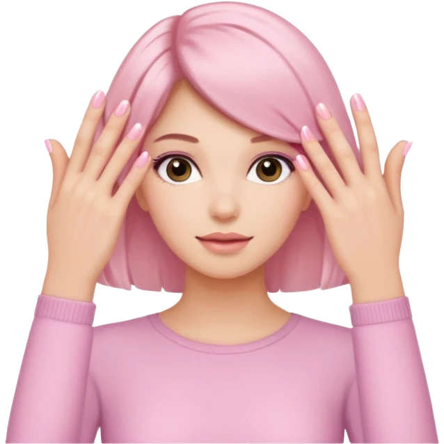 close-up of hands with soft pink manicure touching hair emoji