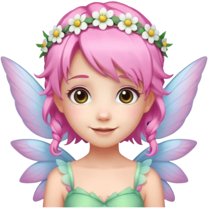 A tiny pastel fairy with pink hair with glowing wings and a sweet smile and tiny flower crown
 emoji