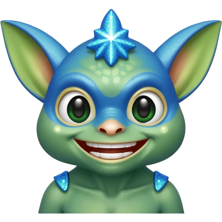 blue gremlin with sparkles, smiling emoji
