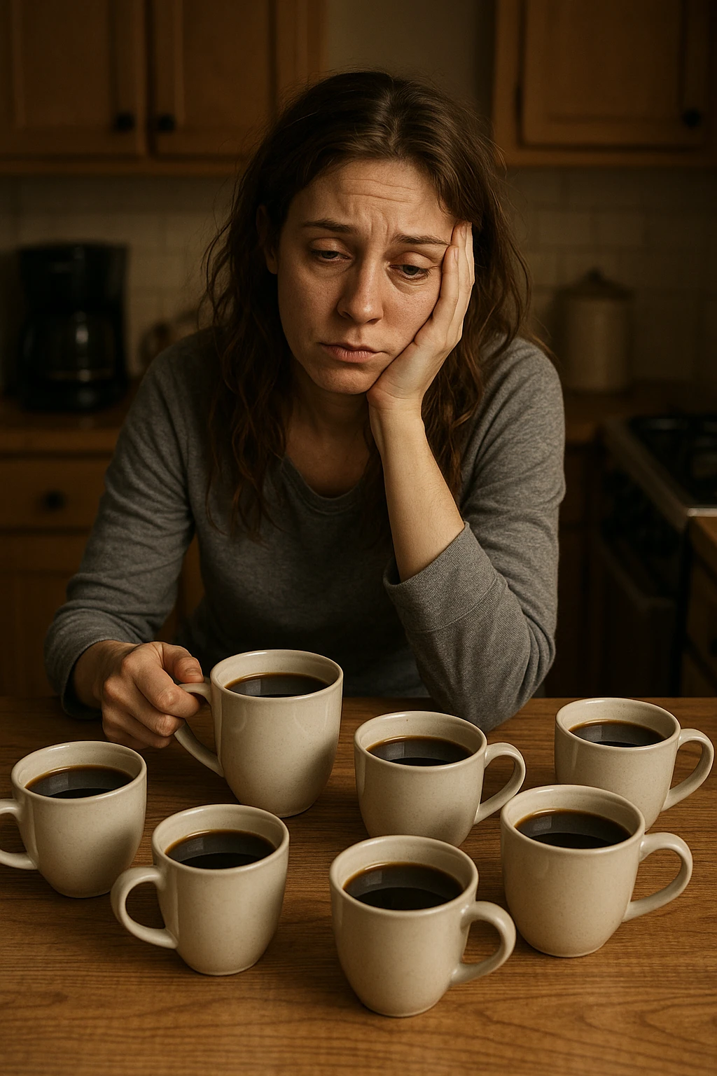 donna con stanchezza cronica distrutta e stanca che si fa tanti caffè emoji