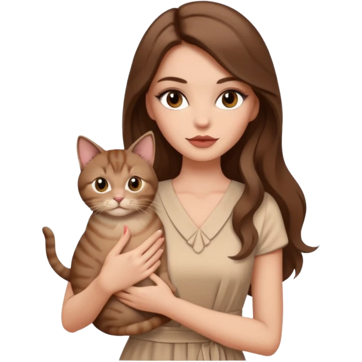 Stylish white woman with long brown hair with makeup in beige dress holding a cat emoji