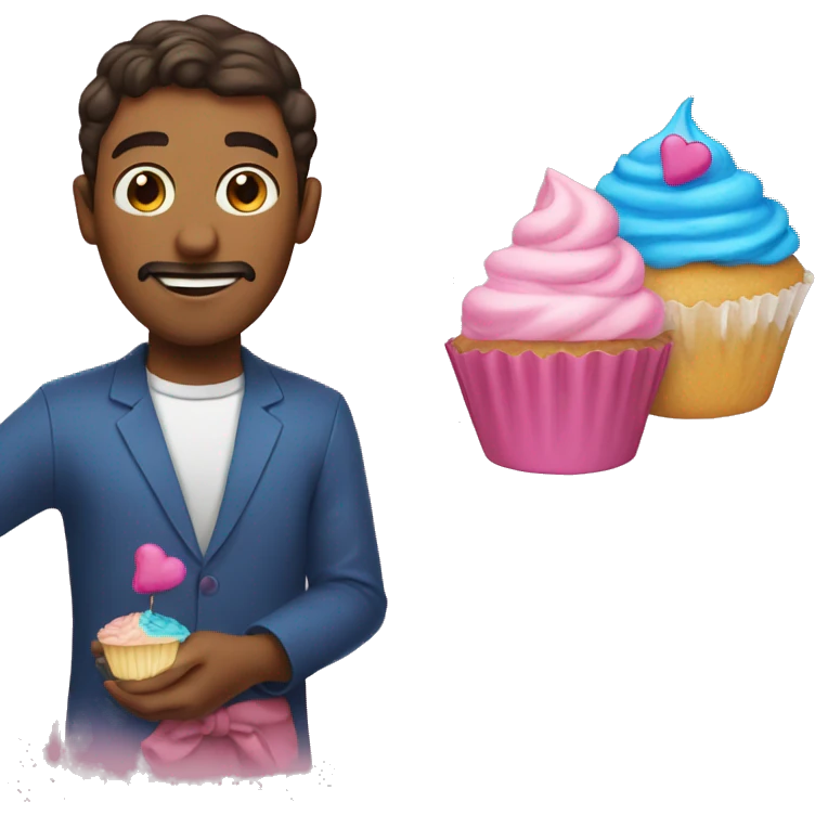 A man with a pink cupcake and a blue cupcake emoji