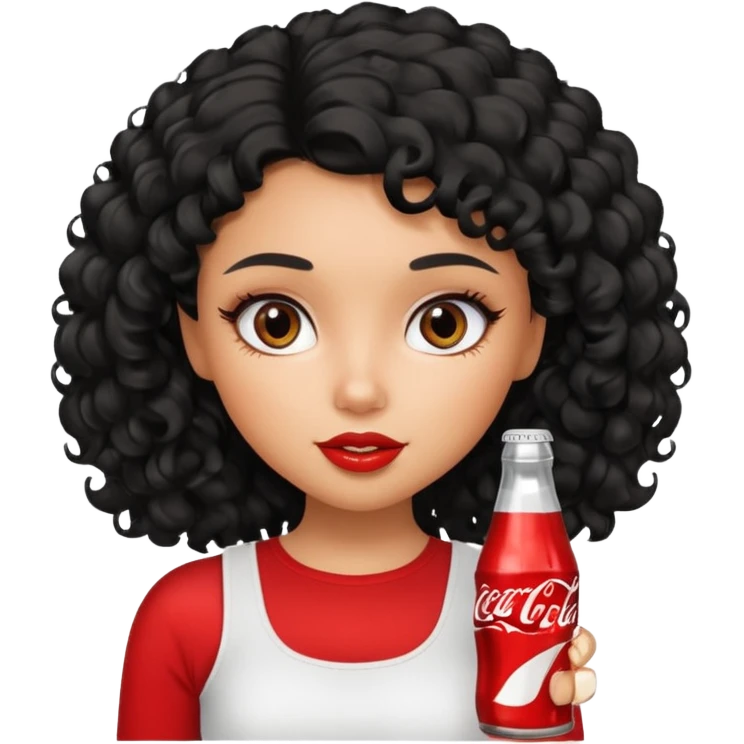 a pretty tan bratz girl with black curly hair drinking coca cola. no makeup. white top emoji