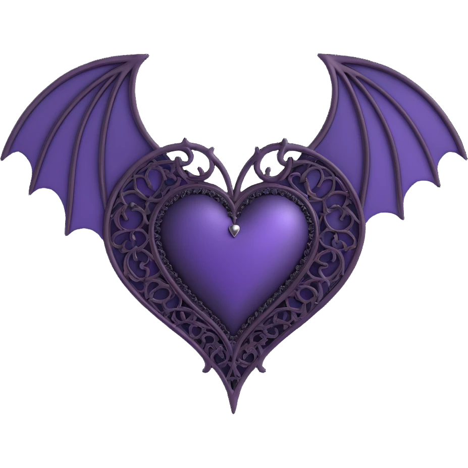 gothic heart, deep purple satin, ornate silver filigree, black lace trim, faint purple glow, with a bat wing accent emoji