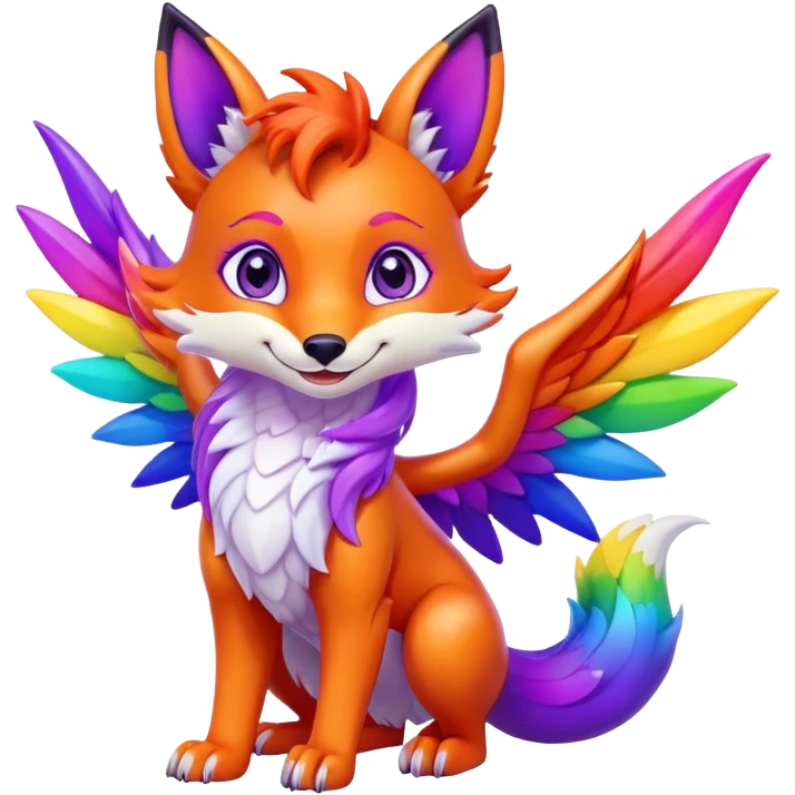 Cartoon Fox dragon hybrid purple eyes with wings face front full body rainbow colored emoji