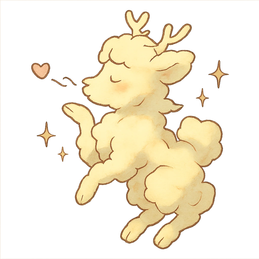 whimsical cream yellow cloud doe in Ghibli style blowing a kiss, surrounded by sparkles emoji