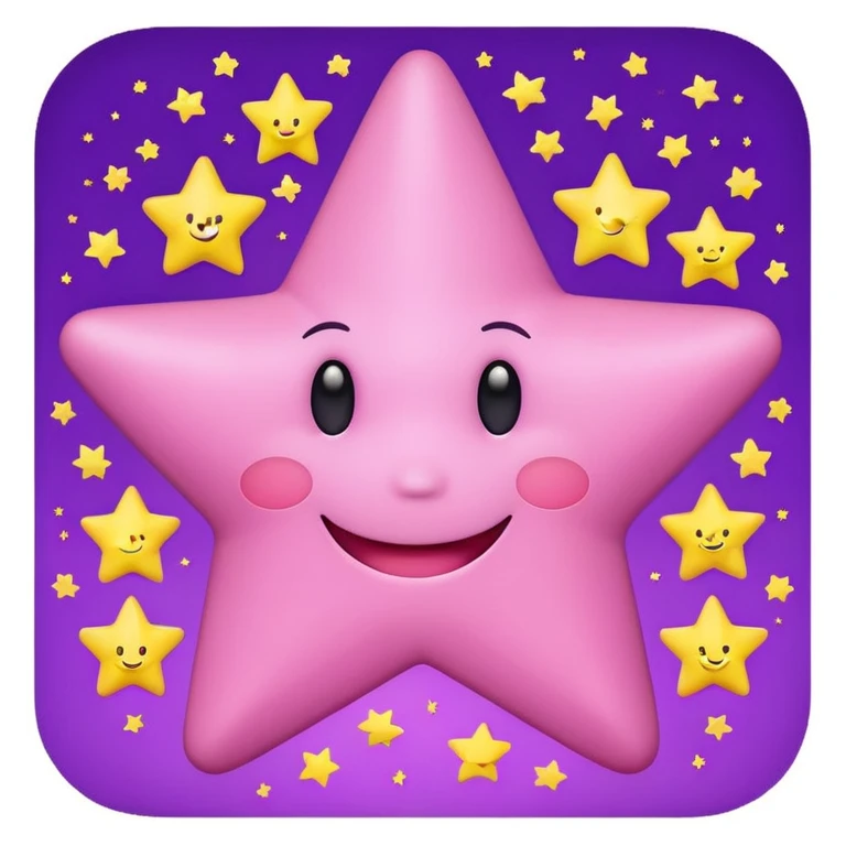 cute pink star with a smiley face, surrounded by small yellow stars, purple background emoji