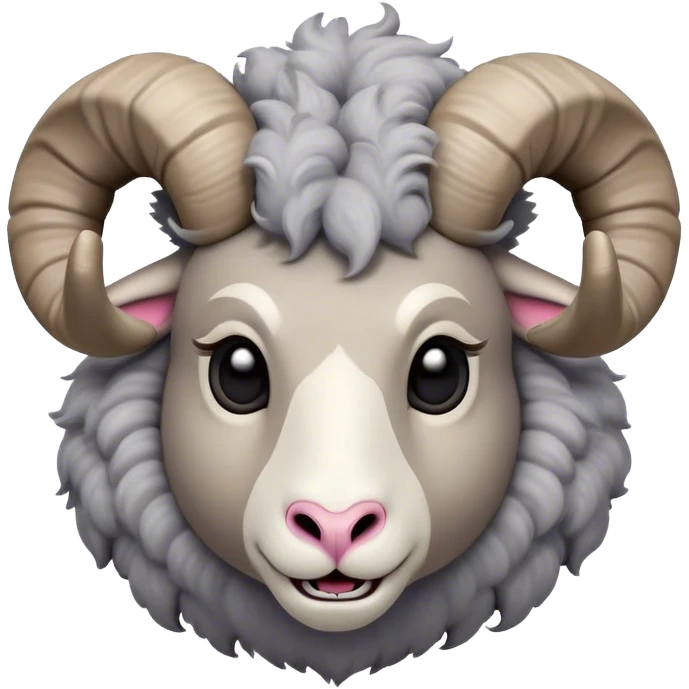 Cinematic Comical Ram Portrait Emoji, Head tilted dramatically with an exaggeratedly amused expression, featuring a striking woolly grey fur with impressively curled horns, wide, expressive dark eyes filled with playful disbelief, Simplified yet hilariously expressive features, highly detailed, glowing with a slightly sassy glow, high shine, dramatic yet playful, stylized with an air of cheeky mischief, bright and endearing, soft glowing outline, capturing the essence of a spirited and over-the-top ram, so meme-worthy it feels like it could butt its way into internet fame instantly! emoji