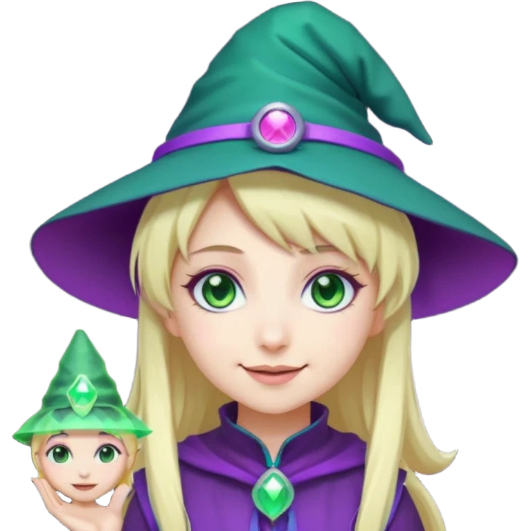 Make a blonde girl with green glowing headset on with teal eyes and a purple haired girl with green eyes waering a purple wit hes hat haveing fun , make them a chibi emoji page anime style emoji