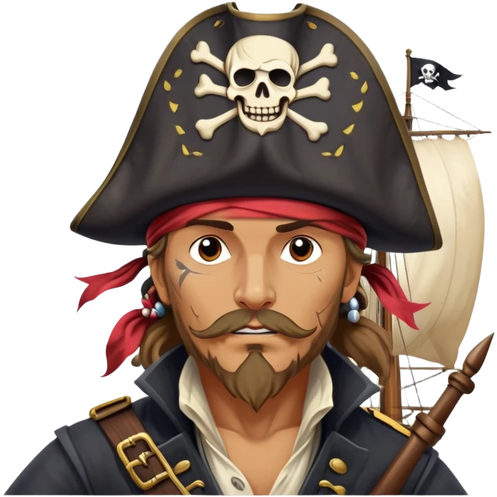 clash-of-clans-aesthetic_-cinematic-focused-pirate-bust-portrait-emoji, head slightly tilted with a determined, roguish expression and bold features, featuring a compact, spirited build with a jaunty hat and quirky bandana on tan skin, at the helm of a grand sailing ship complete with billowing sails and a tattered Jolly Roger flag fluttering dynamically in a tempestuous sea breeze. emoji