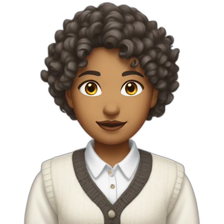 curly hair indian girl wearing a collared long sleeve white shirt under a white sweatervest emoji