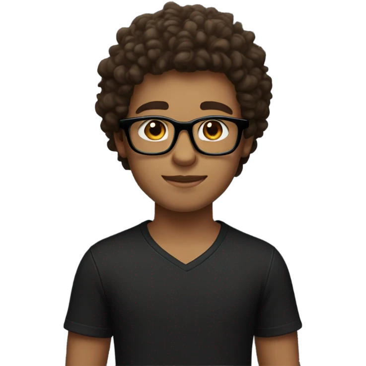 A boy with brown curly hair and black glasses with brown eyes and a black shirt with white skin emoji