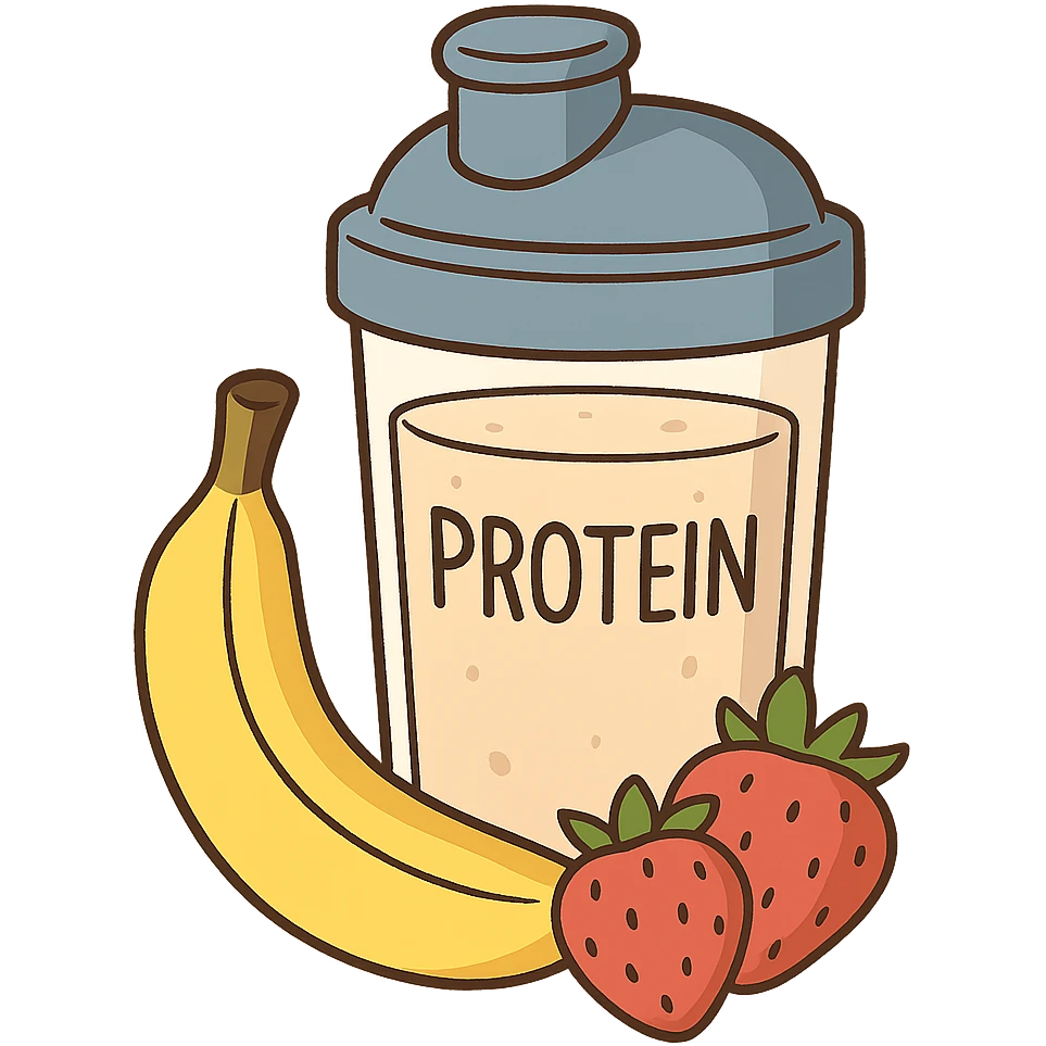 flat toon style protein shake with banana and strawberries around emoji