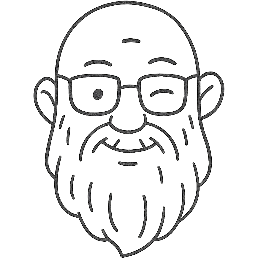hand-drawn outlined icon of a bald man with glasses, long white beard, winking emoji