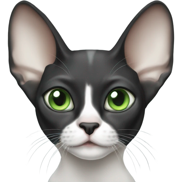 black and white sphinx cat with green eyes and a white spot on the mouth  emoji