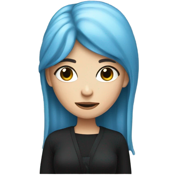white skin girl with long blue hair in black clothes holding a phone emoji