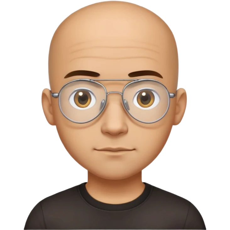 Latino man with small oval face and big forehead, clear lens aviator-style eyeglasses with metal frames, completely bald/shaved sides with very short curly dark hair only on top of head, neutral-friendly expression, light brown skin, wearing a black t-shirt emoji
