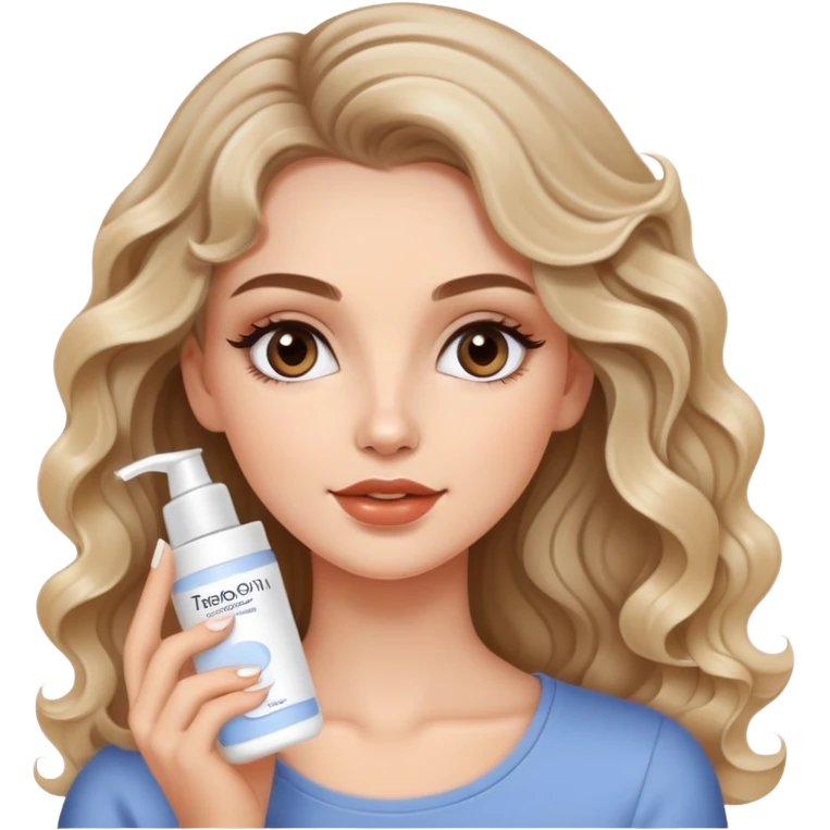 beautiful brunette with a slightly blonde balayage white girl with nice curls/defined waves, very long hair, clean girl makeup APPLYING A FACE CREAM ON HER FACE emoji