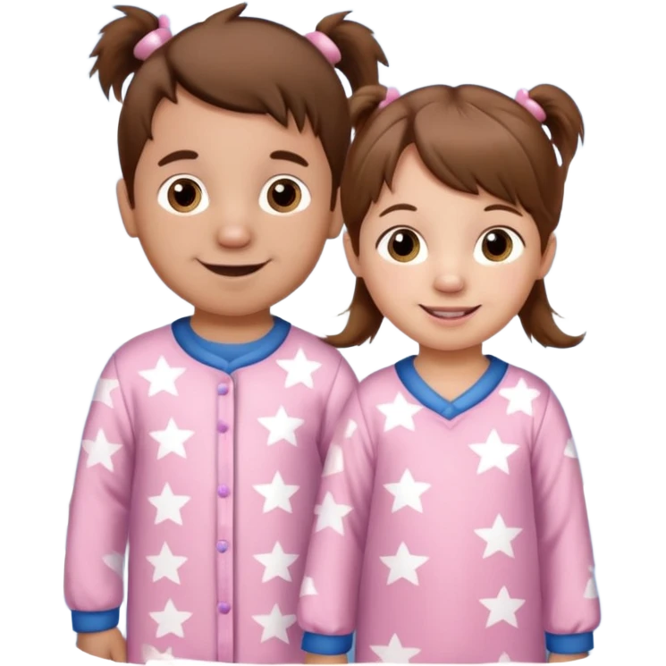A toddler girl with brown hair with two pig tails, wearing pink pajamas with white stars on them. With a 4 year old boy with spikey brown hair, wearing blue pajamas with white stars on them. Both light skin and smiling. emoji