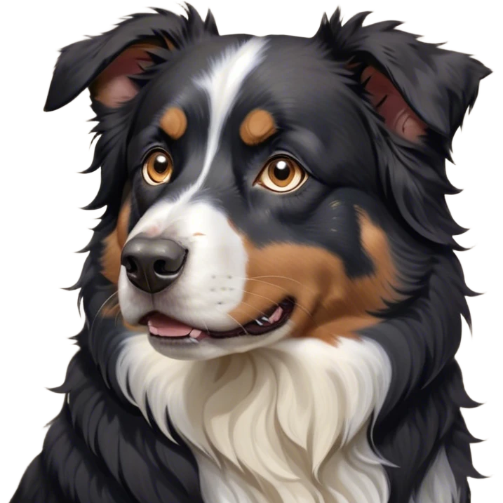 Cinematic Grumpy Black Tri Australian Shepherd Portrait Emoji, Head tilted slightly with a deeply unimpressed expression, thick black fur with bold white and tan markings, large, droopy dark eyes narrowed into an unamused glare, ears drooping in exasperation, Simplified yet comically expressive features, highly detailed, glowing with a dry, sarcastic glow, high shine, effortlessly judgmental yet dignified, stylized with a touch of cynicism, bright but brooding, soft glowing outline, capturing the essence of an eternally unimpressed yet endearing pup, so lifelike it feels like it could sigh heavily at you in disdain at any moment! emoji