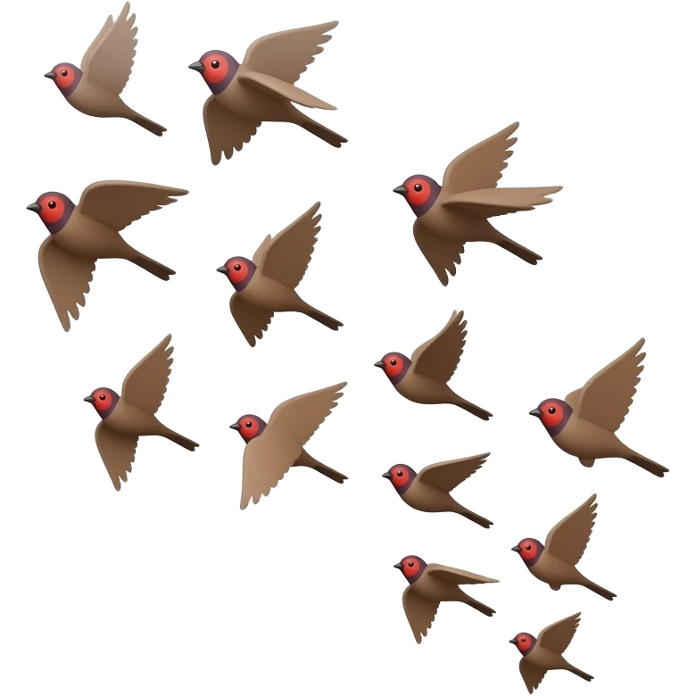 A 3d render iPhone emoji icon of a detailed Brown and red color 3D Render iPhone emojis of a flock of brown and red color songbirds flying in the air emoji