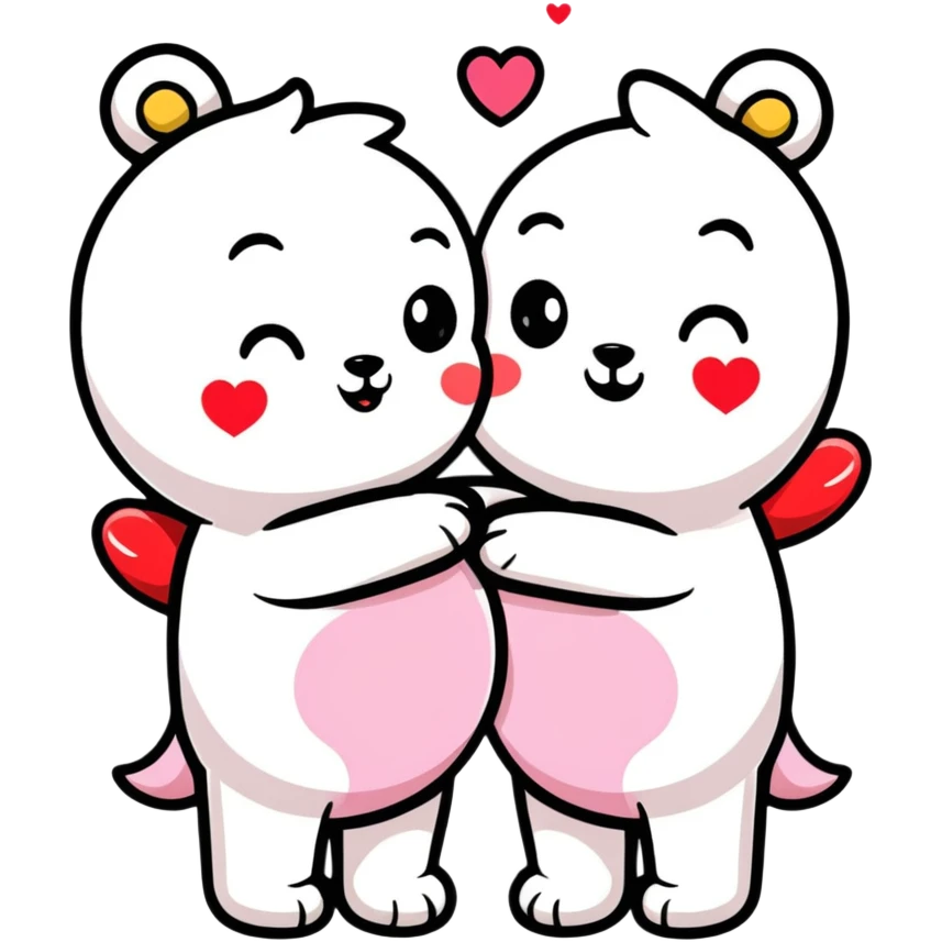 Two cute cartoon characters hugging with hearts around them emoji