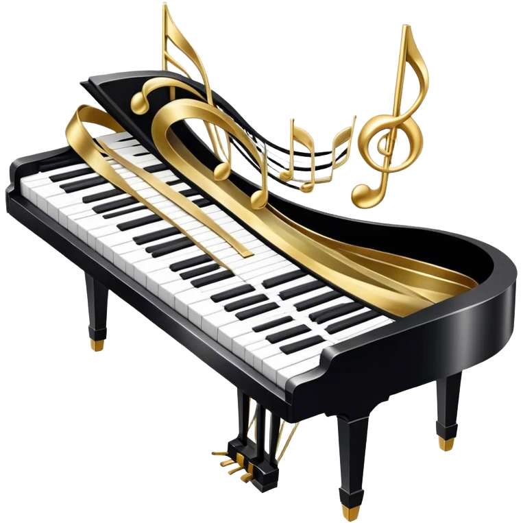 Create a detailed and elegant emoji collage representing keyboard instruments in a celebratory and professional style, reminiscent of a coat of arms. The design should feature a central arrangement of black and white piano keys, forming a symmetrical, powerful image. Around the keys, include a flowing ribbon of musical notes that intertwines with the keys, creating a sense of movement and harmony. Use gold and silver accents to highlight the keys and musical notes, giving the design a festive, high-quality appearance. The design should convey professionalism, elegance, and a sense of occasion. Add subtle reflections on the piano keys to enhance the polished look. The background should be transparent. emoji