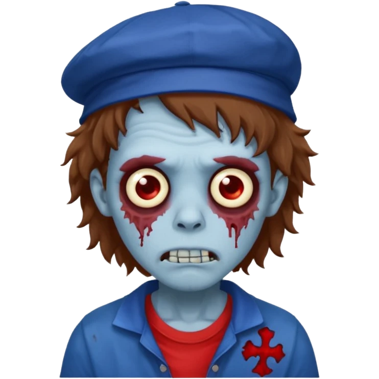 brown fluffy hair zombie with blue and white hat dark blue jilet red t shirt emoji